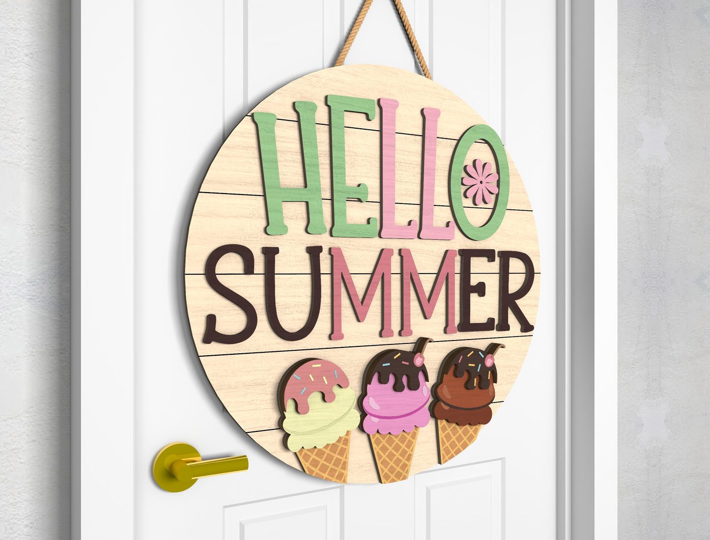 Hello Summer Ice Cream Door Hanger SVG Laser Cut File for Glowforge and xTool