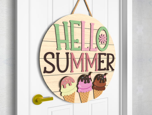 Hello Summer Ice Cream Door Hanger SVG Laser Cut File for Glowforge and xTool