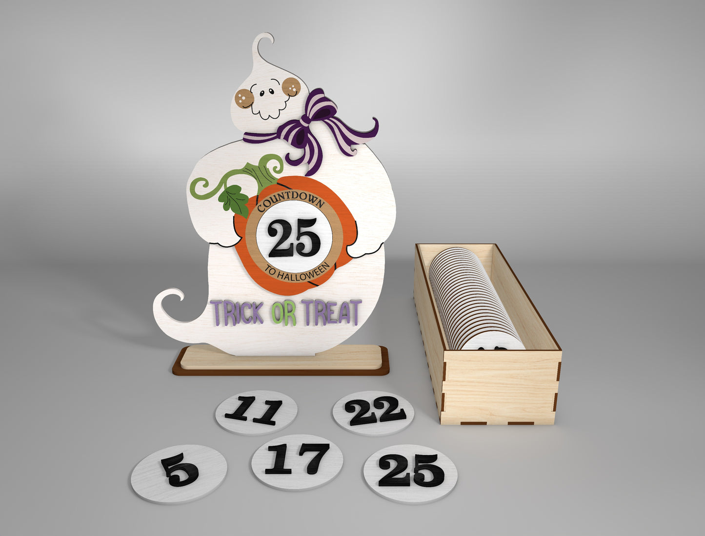Halloween Ghost Countdown Calendar SVG for Glowforge LightBurn xTool Trick or Treat Shelf Sitter