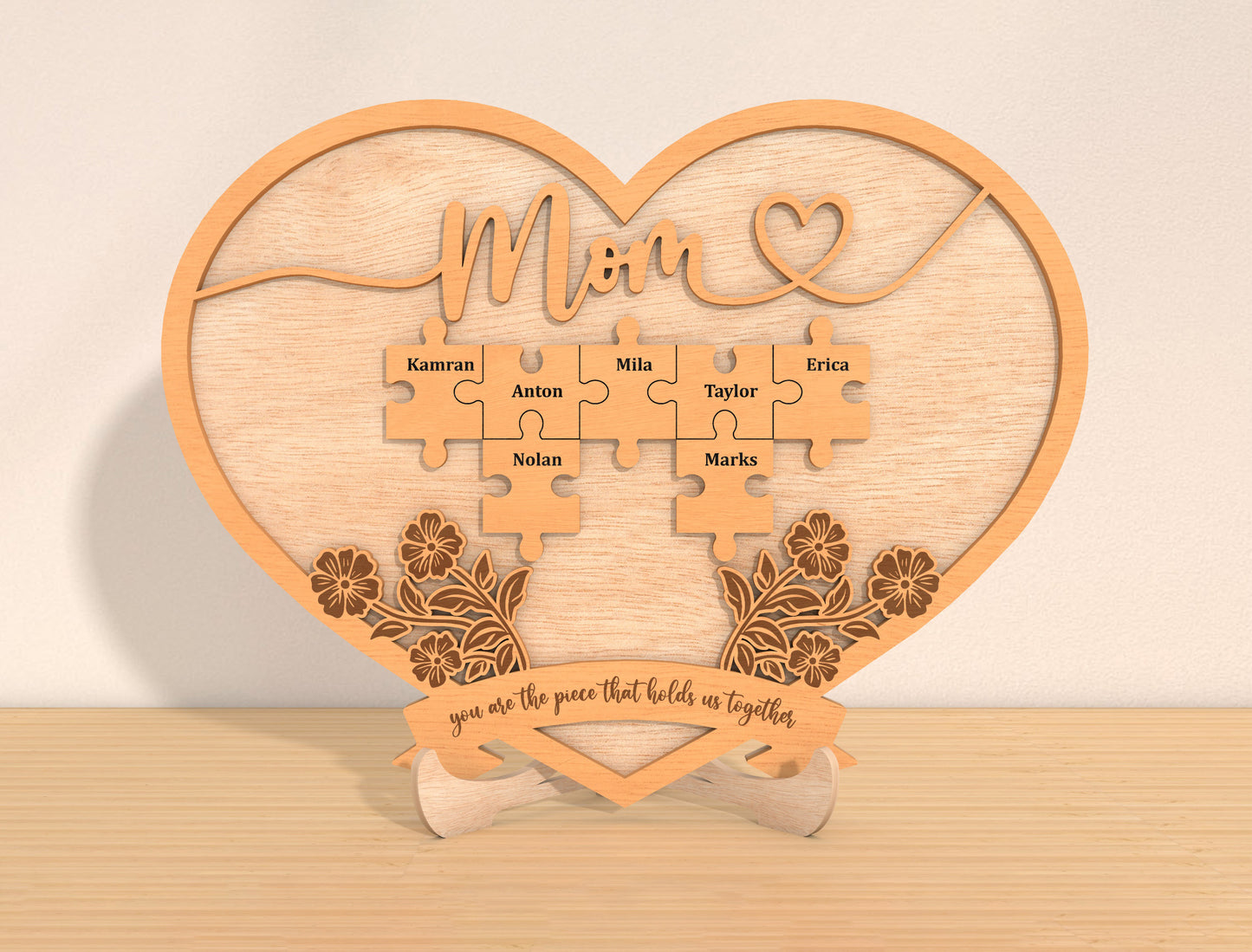 Personalized Mom Puzzle Heart Sign SVG 8 Names for Glowforge and xTool