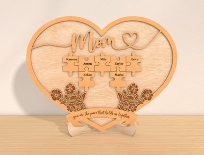 Personalized Mom Puzzle Heart Sign SVG 8 Names for Glowforge and xTool