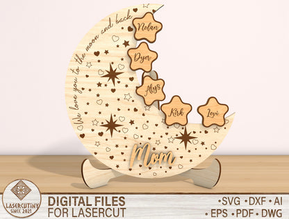 Mom Moon Stars Personalized Kids Name Sign SVG for Glowforge and xTool
