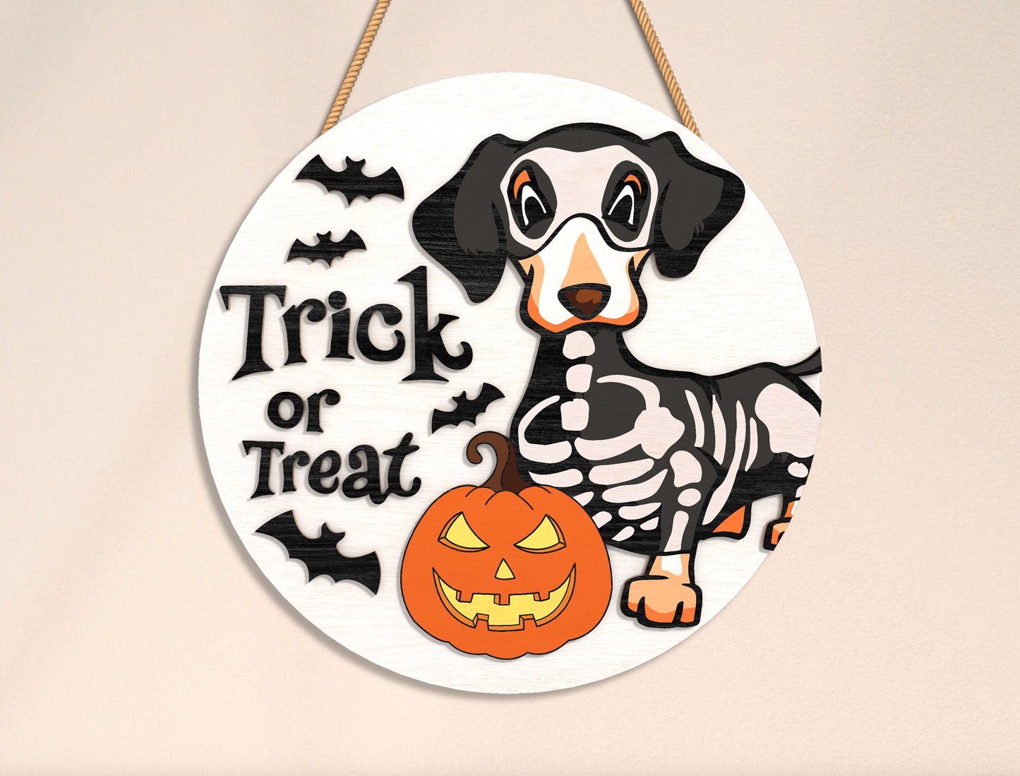 Trick or Treat Hi Skeleton Dachshund Halloween Door Hanger SVG Set for Glowforge xTool