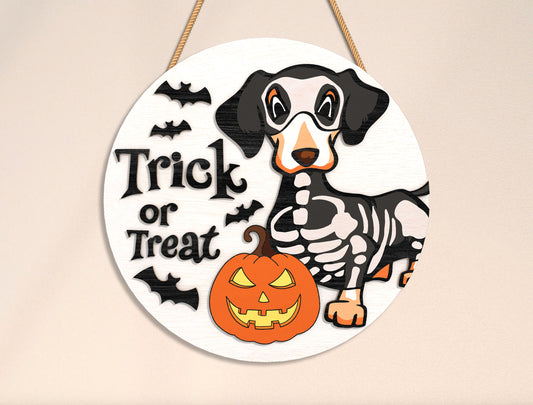 Trick or Treat Hi Skeleton Dachshund Halloween Door Hanger SVG Set for Glowforge xTool