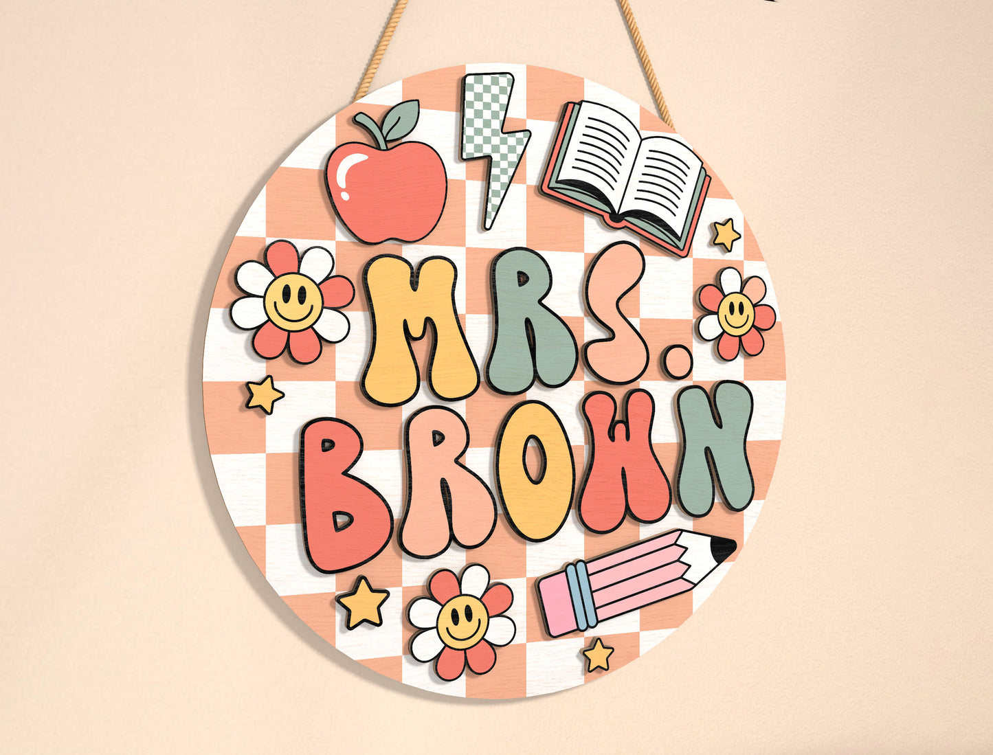 Personalized Retro Gingham Classroom Door Sign SVG Laser Cut File for Glowforge