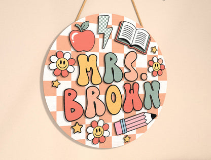 Personalized Retro Gingham Classroom Door Sign SVG Laser Cut File for Glowforge