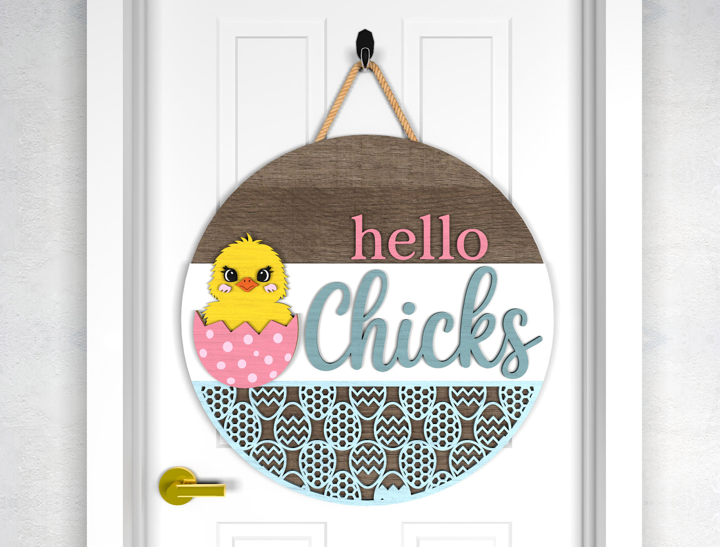 Easter Bunny Hello Chicks Door Sign SVG Layered Welcome for LightBurn and xTool