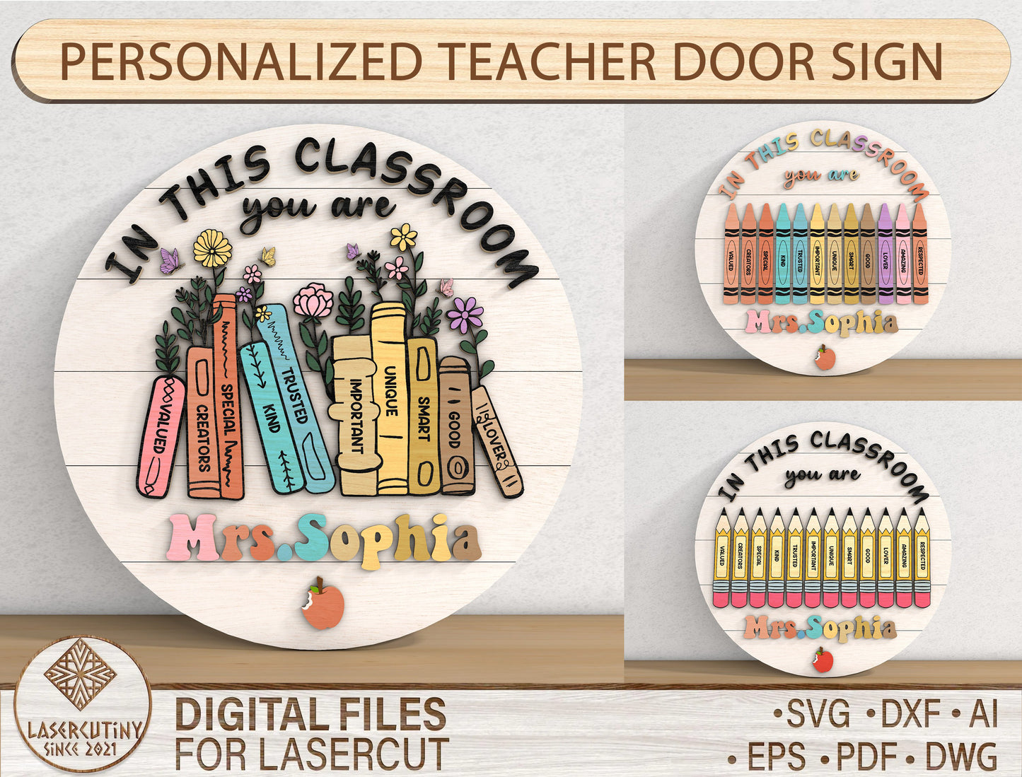 Personalized Classroom Door Sign SVG for Glowforge and LightBurn