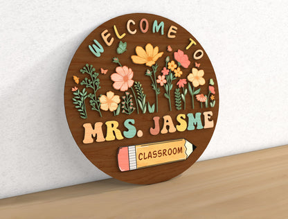 Personalized 3D Floral Classroom Door Sign SVG for Glowforge and xTool
