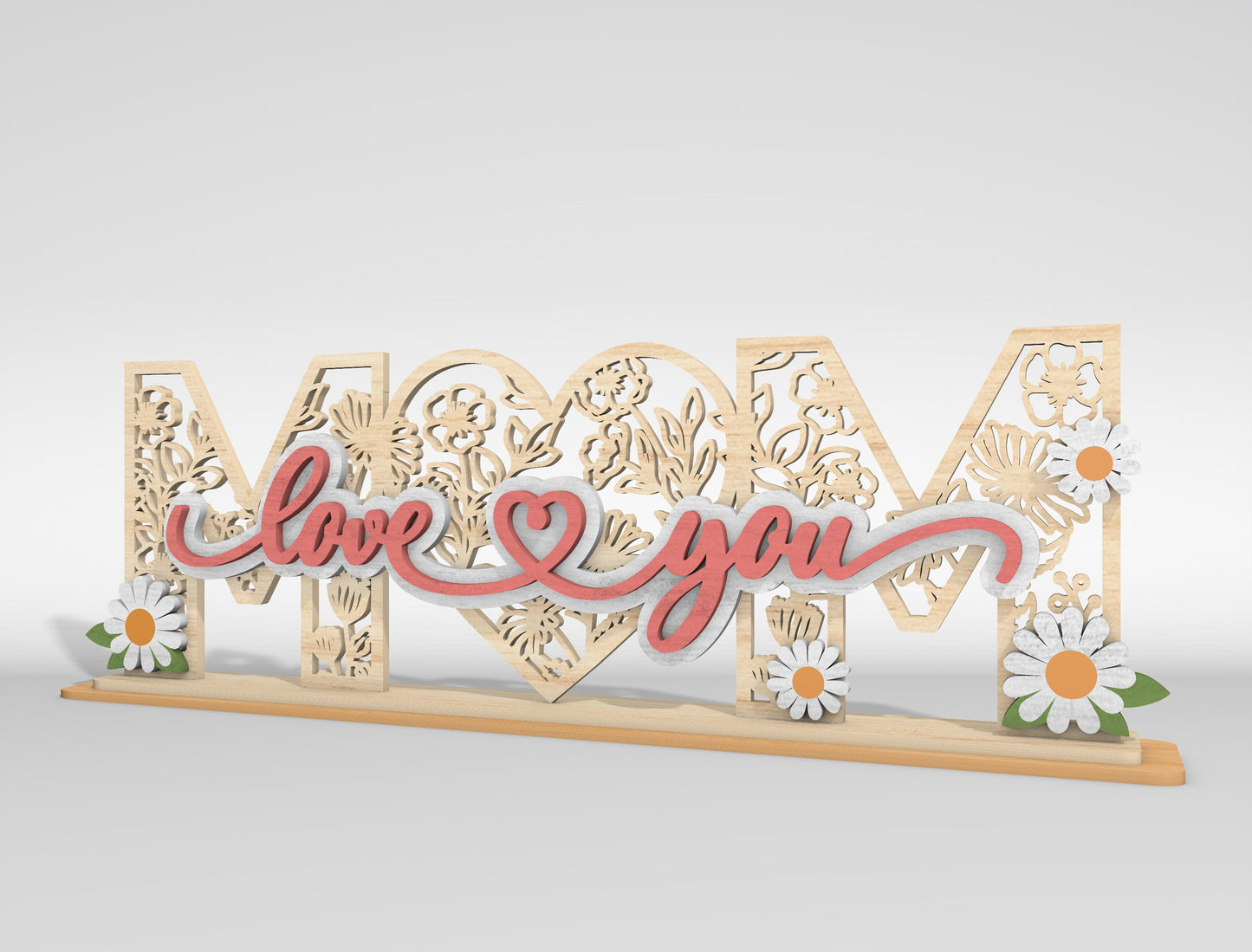 Mom Love You Floral Layered Tabletop Sign SVG Laser Cut File for Glowforge and xTool