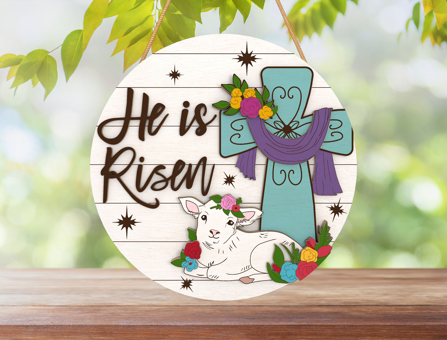 He Is Risen Cross Lamb Easter Door Hanger SVG for LightBurn and Glowforge