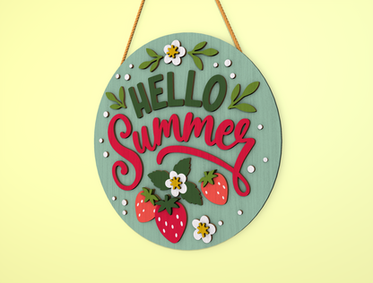 Hello Summer Strawberry Door Hanger SVG Laser Cut File for Glowforge and xTool