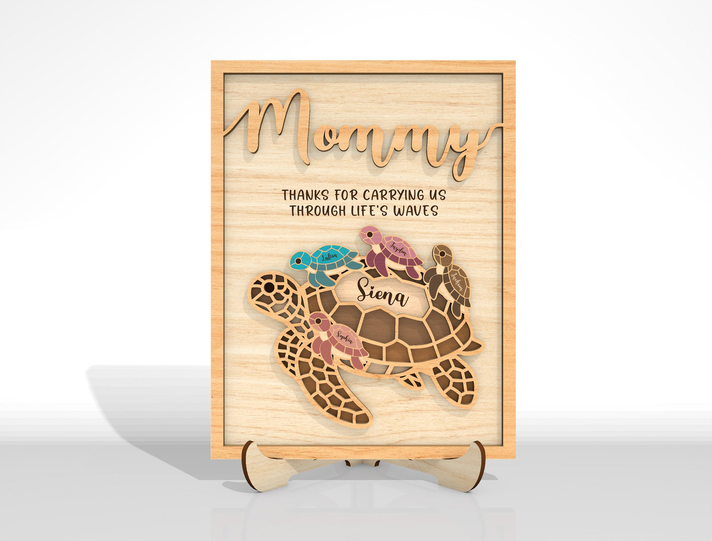 Personalized Mom Turtle Kids Name Sign SVG Laser Cut File for Glowforge and xTool