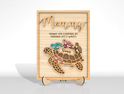 Personalized Mom Turtle Kids Name Sign SVG Laser Cut File for Glowforge and xTool