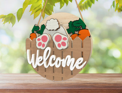 Easter Bunny Welcome Door Hanger SVG Layered Round 3 Designs for Glowforge