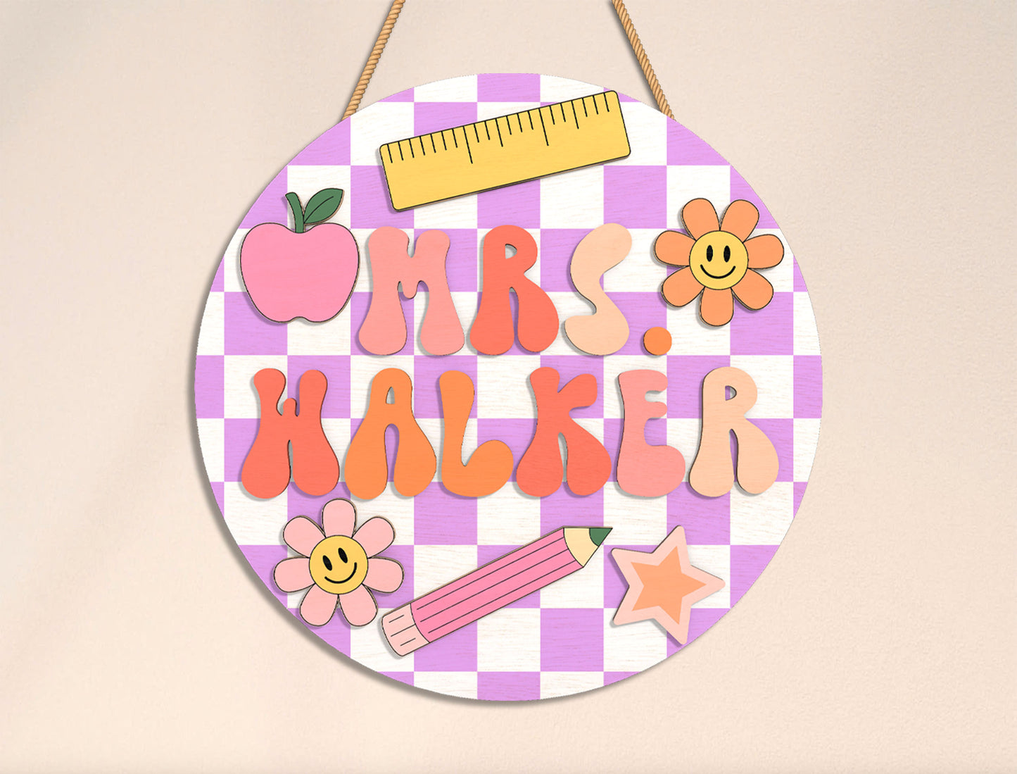 Personalized Gingham Classroom Door Sign SVG Laser Cut File for xTool
