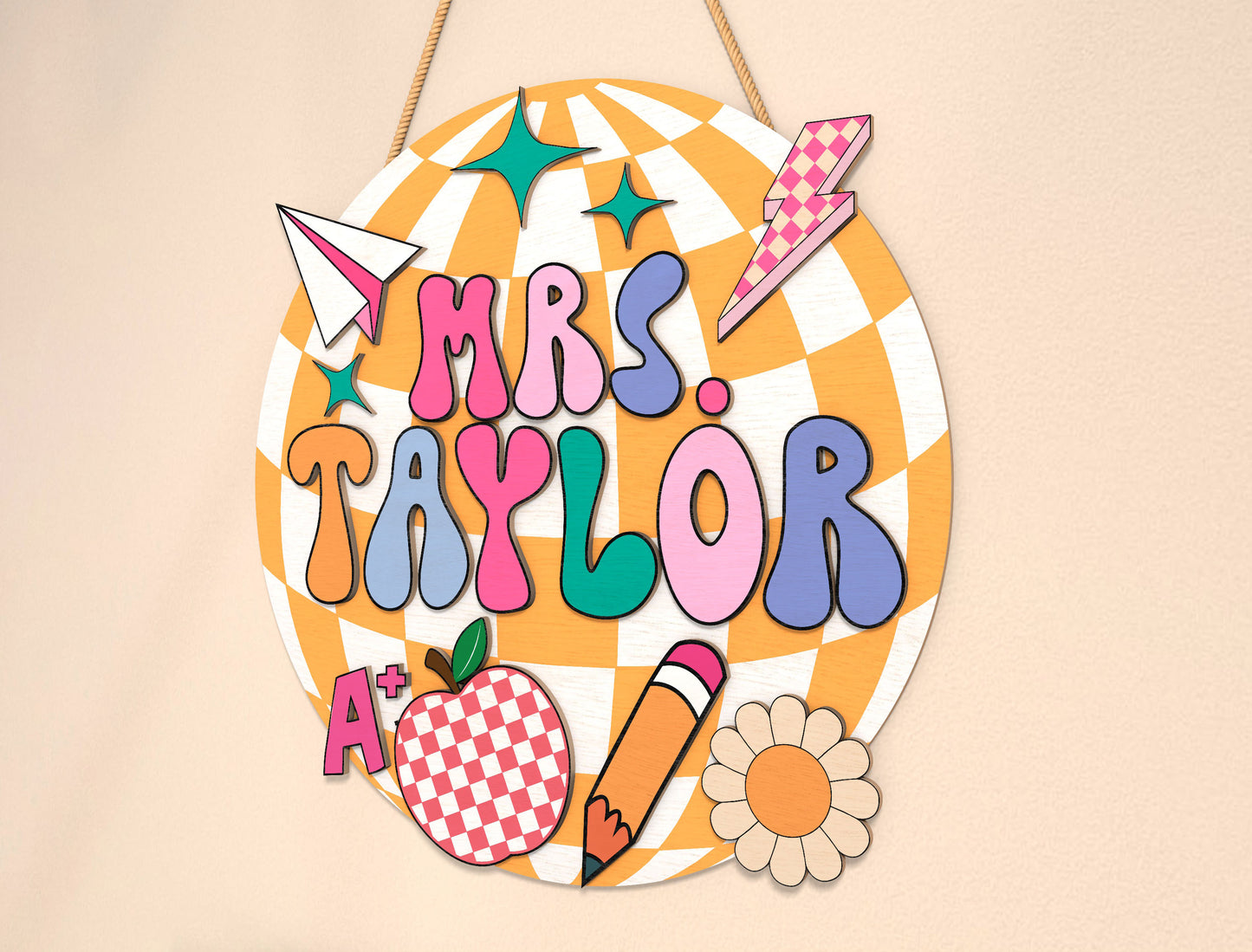 Personalized Retro Bubble Classroom Sign SVG Laser Cut File for Glowforge and xTool