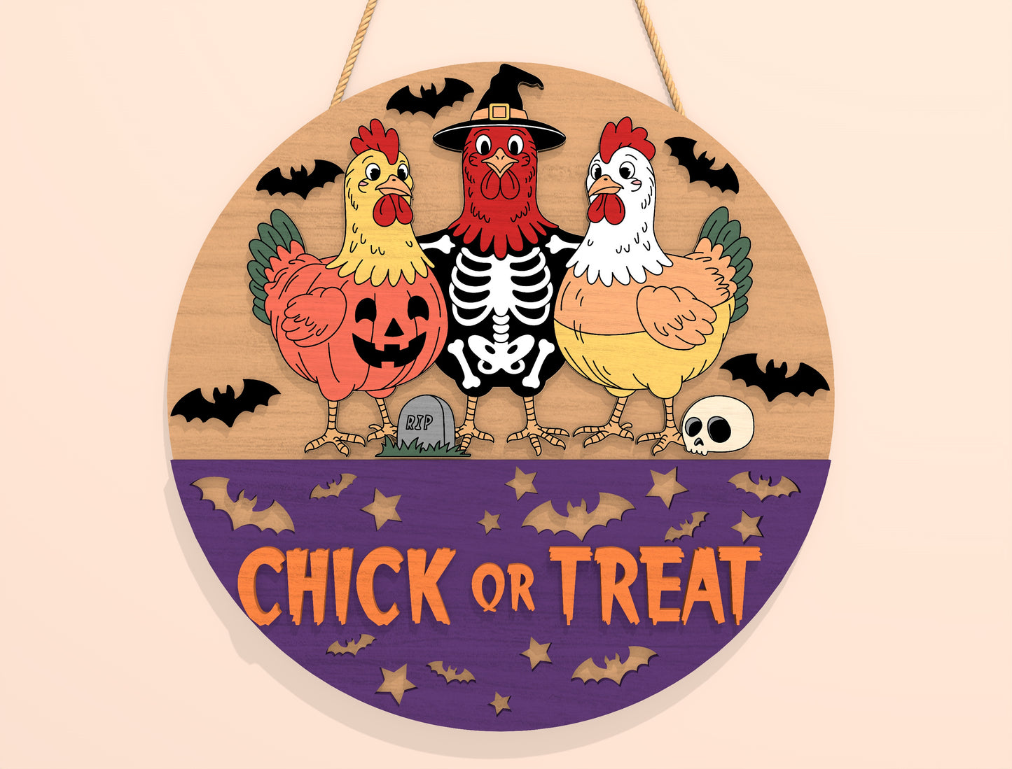 Chick or Treat Halloween Door Hanger SVG Laser Cut File | 2 Funny Chicken Designs | Round Wooden Decor | Glowforge, xTool, LightBurn, etc.