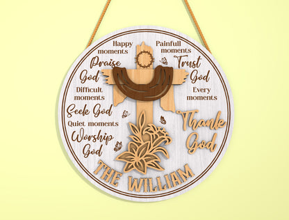 Personalized Christian Door Sign SVG Family Name Cross for Glowforge and xTool