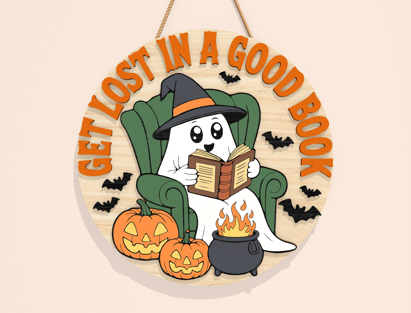 Halloween Reading Ghost Door Sign SVG Bundle Laser Cut File | 8 Funny Book Lover Designs | Round Wooden Decor | Glowforge, xTool, LightBurn, etc.