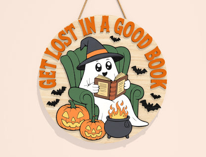 Halloween Reading Ghost Door Sign SVG Bundle Laser Cut File | 8 Funny Book Lover Designs | Round Wooden Decor | Glowforge, xTool, LightBurn, etc.