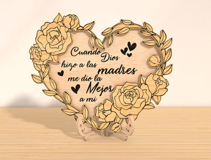 Mother’s Day Heart Floral Laser Cut File Bundle | Spanish Quote Wooden Decor | Layered Flower Wreath | Glowforge, xTool, LightBurn etc.