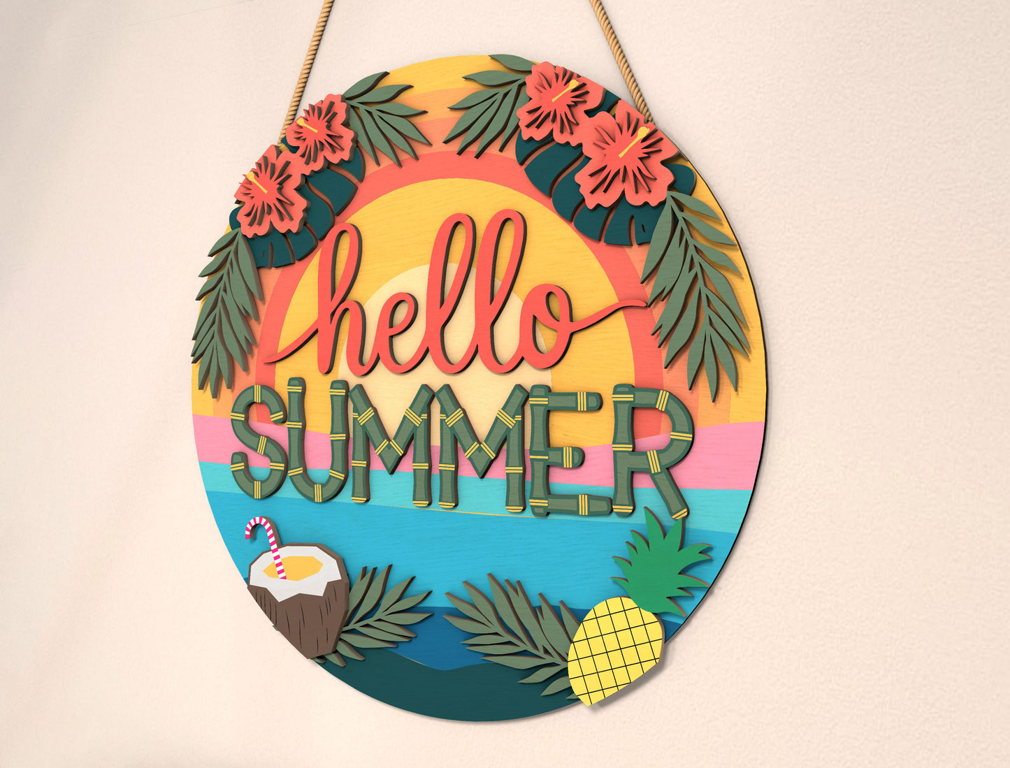 “Hello Summer” Tropical Door Sign SVG for Glowforge and xTool