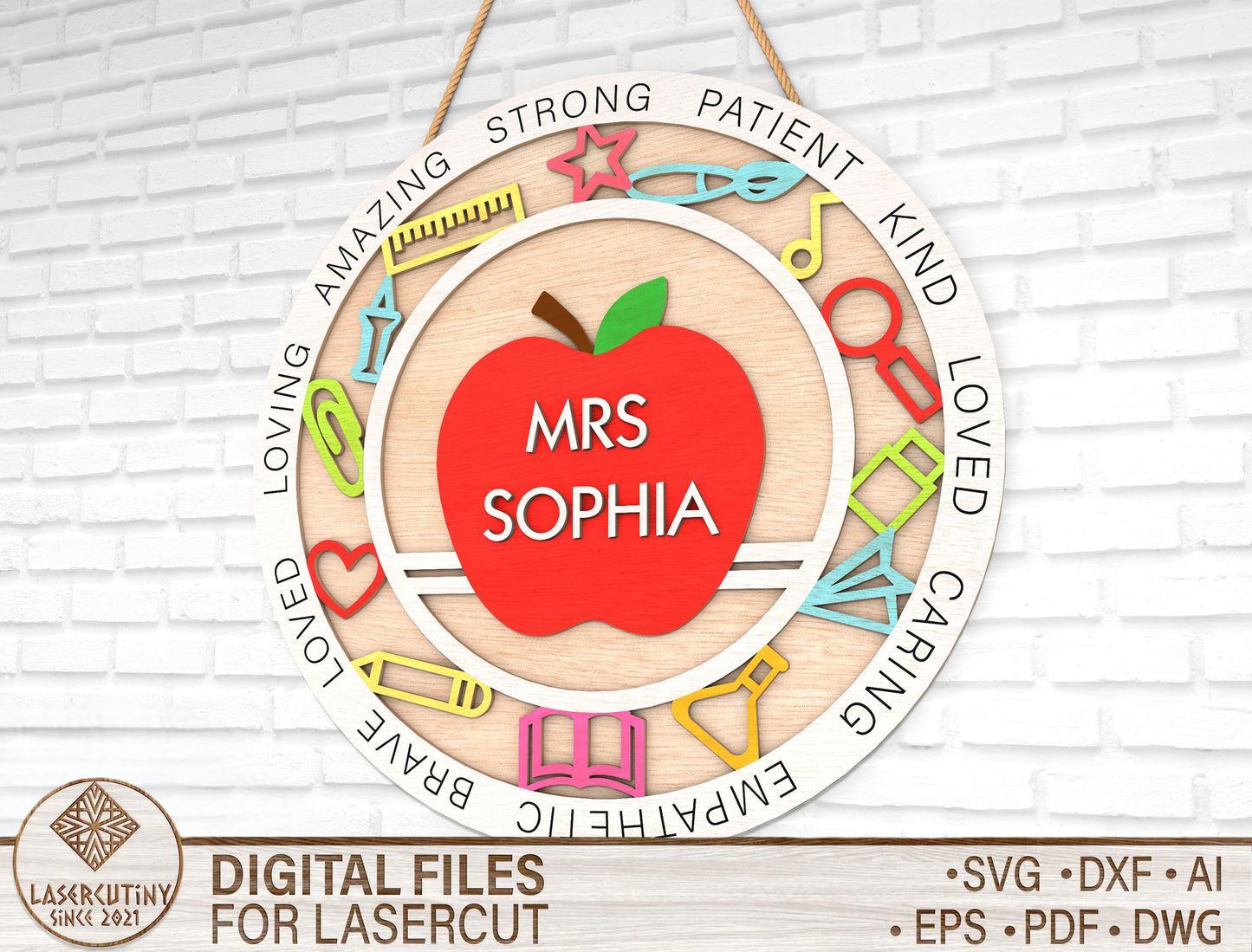 Personalized Apple Classroom Ornament SVG Laser Cut File for Glowforge and xTool