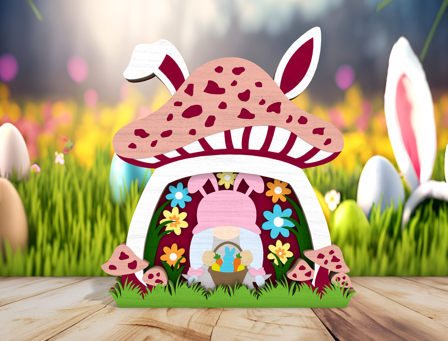 Easter Bunny Mushroom Decor SVG Wooden Spring Scene for Glowforge