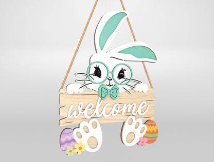 Easter Bunny Welcome Sign SVG Bundle Cute Door Hanger for Glowforge and xTool