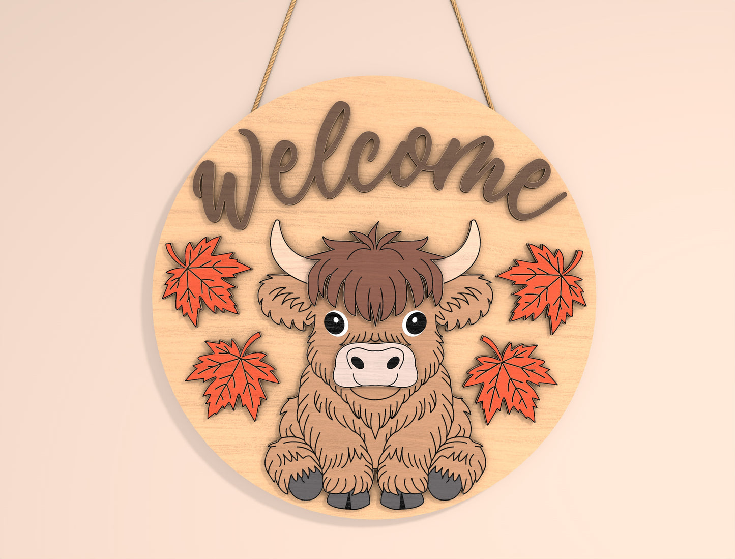 Highland Cow Hello Fall Door Hanger SVG Set for Glowforge xTool LightBurn | 2 Designs