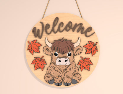 Highland Cow Hello Fall Door Hanger SVG Set for Glowforge xTool LightBurn | 2 Designs