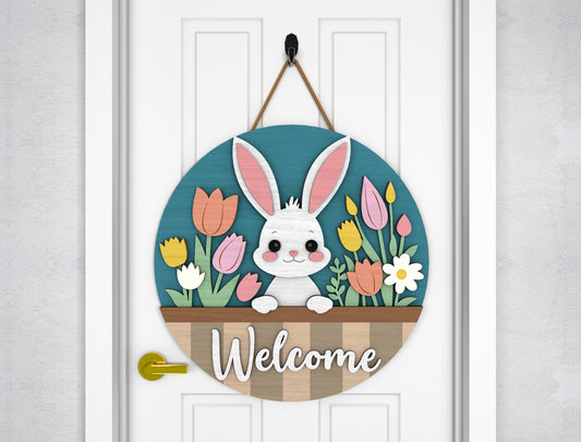 Bunny Welcome Door Sign – Easter Decor – Laser Cut File – 4 Designs – Glowforge, xTool, LightBurn