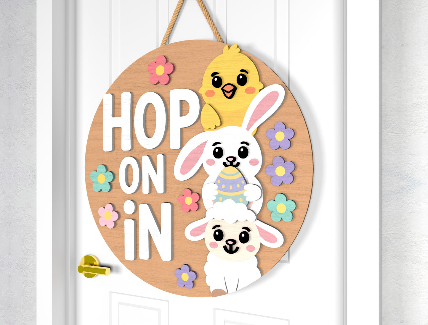 Easter Bunny Chick Door Sign SVG Hop On In Welcome Bundle for LightBurn