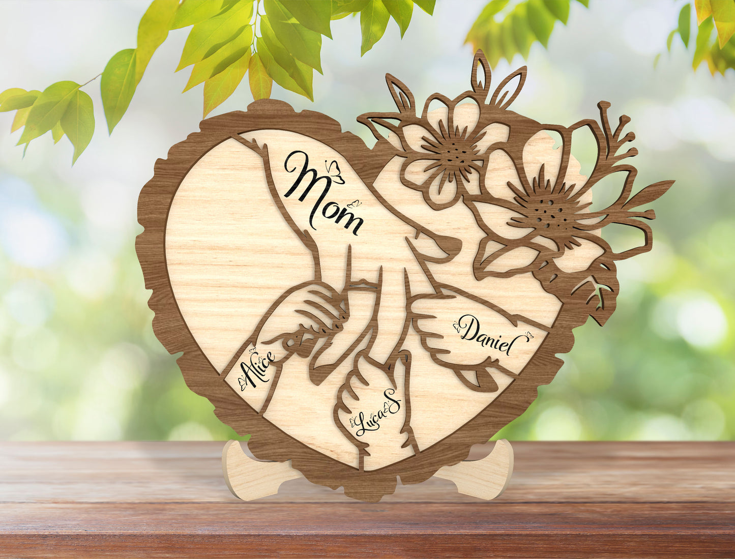 Personalized Mom Hands Heart SVG Wooden Name Sign for xTool