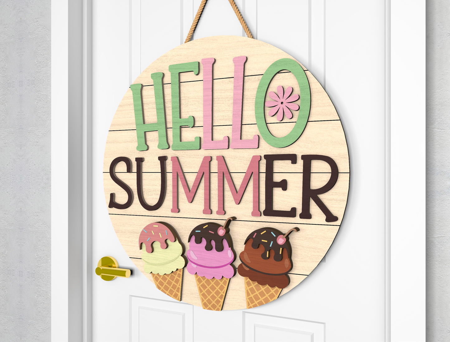 Hello Summer Ice Cream Door Hanger SVG Laser Cut File for Glowforge and xTool