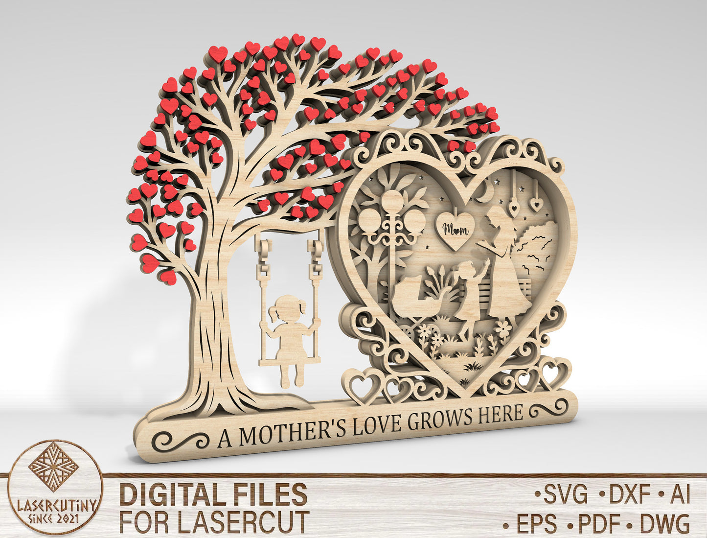 Layered Family Tree Heart SVG 3D Mother's Day Sign Laser Cut File for LightBurn and Glowforge