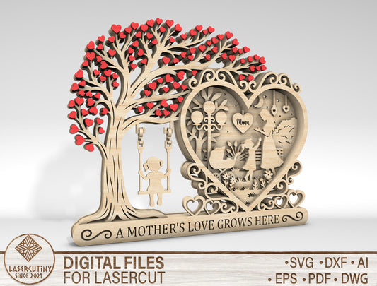 Layered Family Tree Heart SVG 3D Mother's Day Sign Laser Cut File for LightBurn and Glowforge