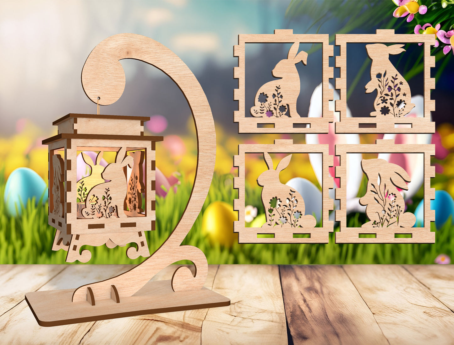 Easter Lantern SVG Bundle Bunny Scene Hanging Lantern for LightBurn and xTool