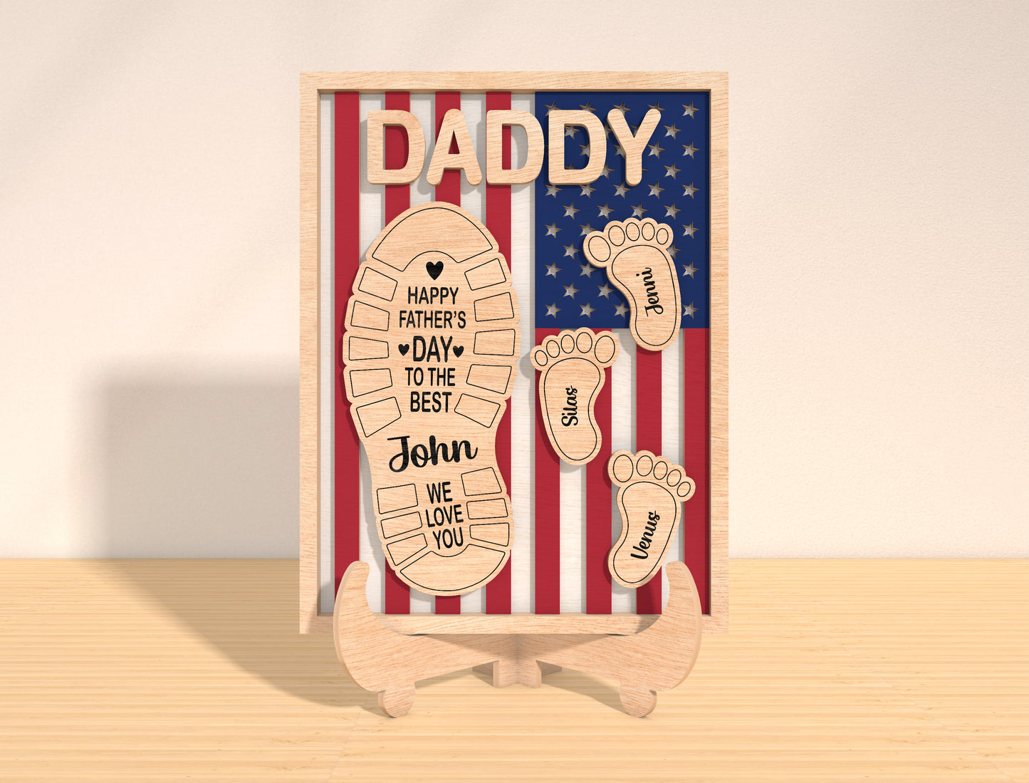 Father’s Day Footprint Stand Laser Cut File | Dad Family Footprints Sign | Patriotic Wooden Decor | Glowforge, xTool, LightBurn, etc.