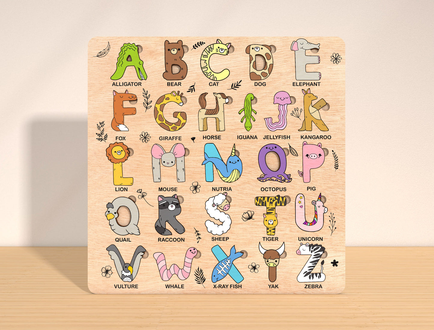 Animal Alphabet Puzzle Board SVG Laser Cut File for xTool and Glowforge
