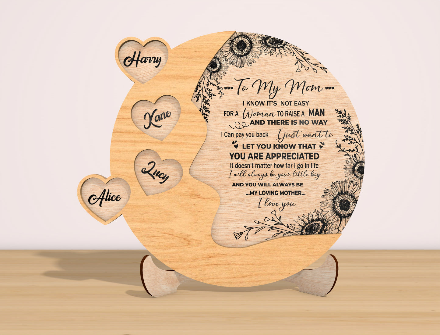 Personalized Mom Heart Sign SVG Sunflower Laser Cut File for LightBurn and xTool