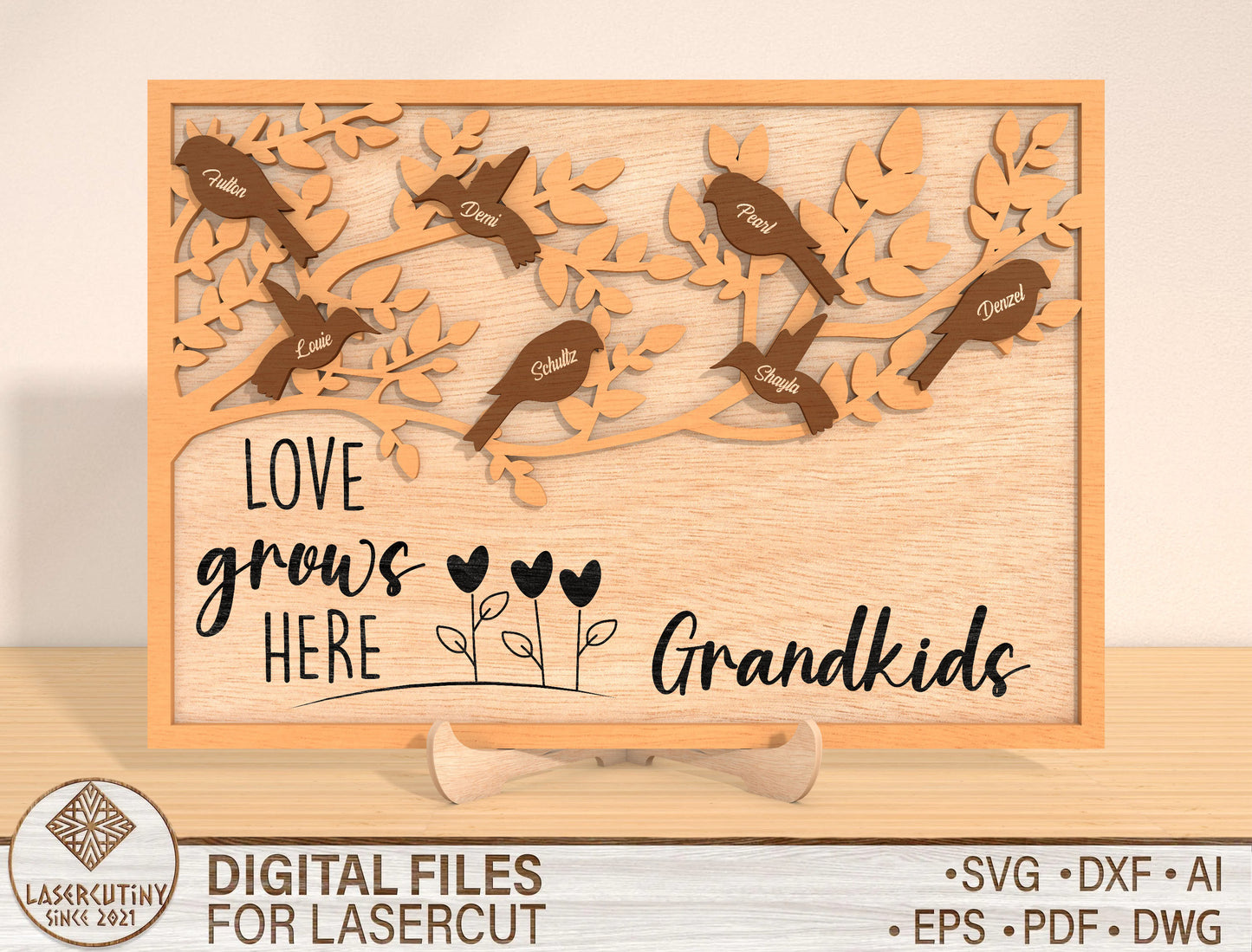 Bird Family Frame SVG Personalized Grandma Gift Laser Cut File for Glowforge and LightBurn