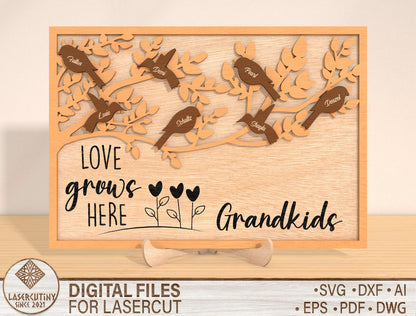 Bird Family Frame SVG Personalized Grandma Gift Laser Cut File for Glowforge and LightBurn