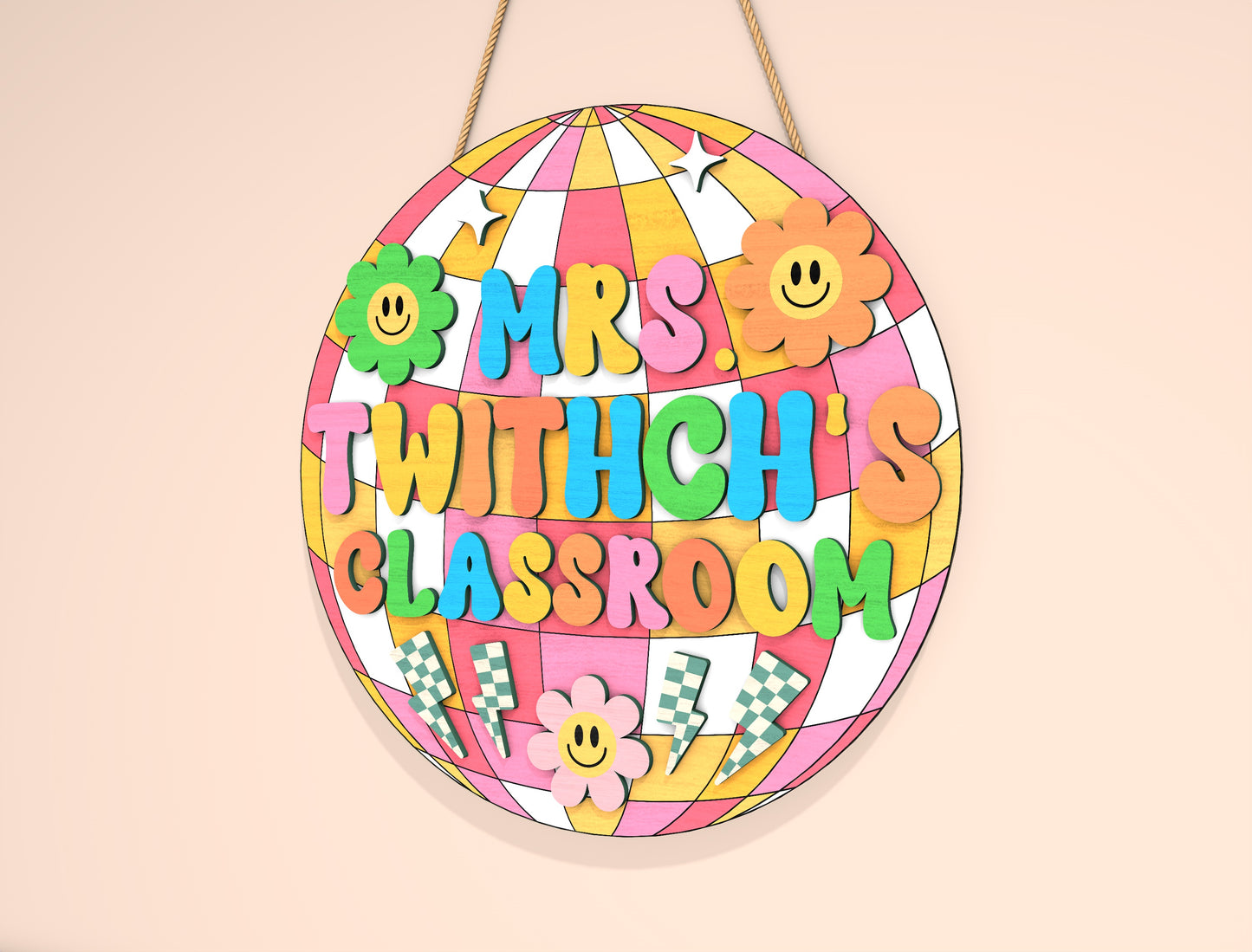 Personalized Disco Ball Classroom Door Sign SVG Laser Cut File for Glowforge and xTool