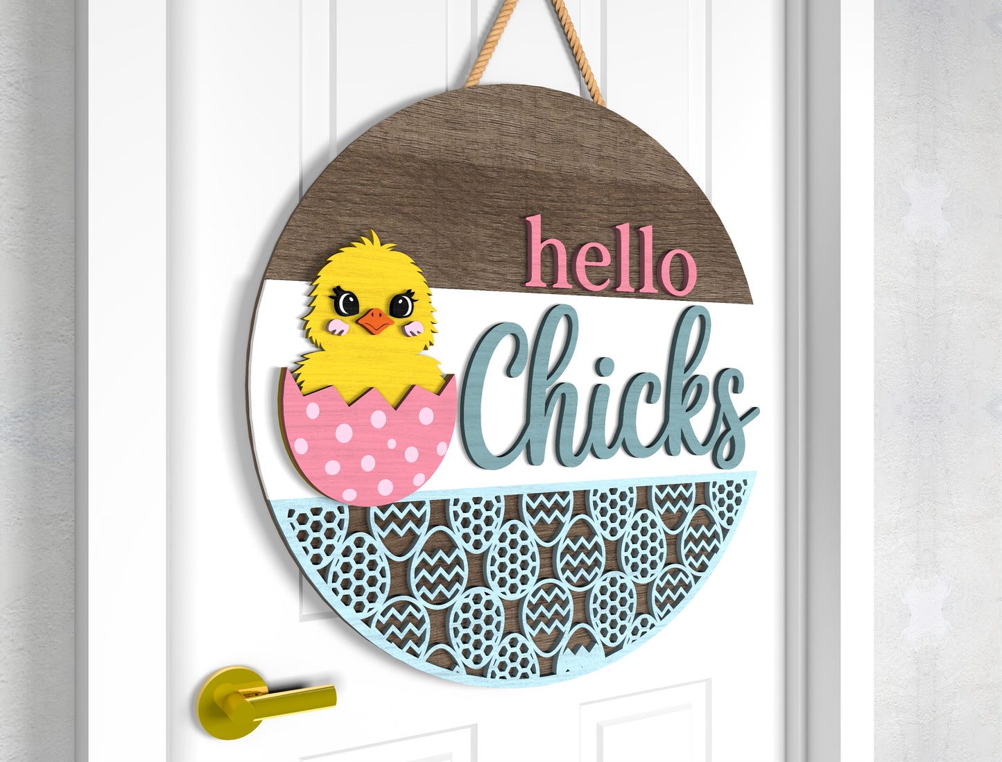 Easter Bunny Hello Chicks Door Sign SVG Layered Welcome for LightBurn and xTool