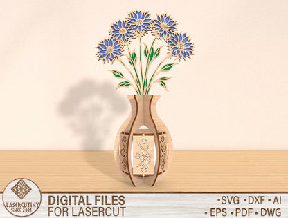 Blue Flower Lantern SVG Calming Candle Holder Laser Cut File for LightBurn and Glowforge