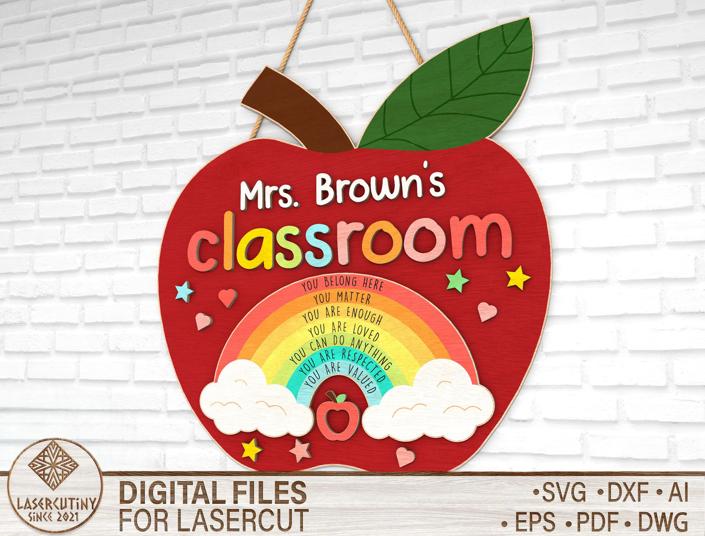 Personalized Apple Rainbow Classroom Door Sign SVG Laser Cut File for Glowforge and xTool