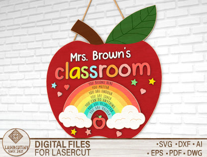Personalized Apple Rainbow Classroom Door Sign SVG Laser Cut File for Glowforge and xTool