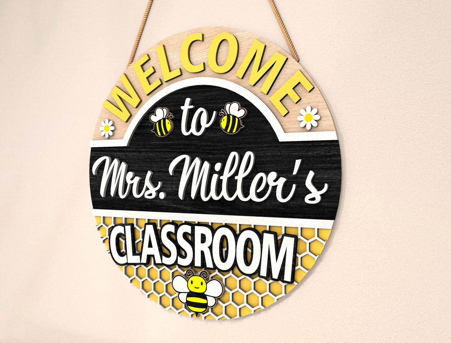 Personalized Bee Classroom Door Sign SVG Laser Cut File for LightBurn
